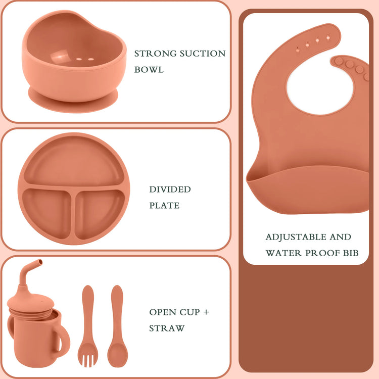 6 PCS Silicone Baby Feeding Set, Baby Led Weaning Supplies, 3 Divided-Suction Plate, Spoon, Fork, Bowl, Water Cup, Bib