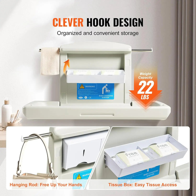 Wall-Mounted Baby Changing Station,Horizontal Foldable Diaper Change Table with Safety Straps and Hanging Rods, Use in Bathrooms