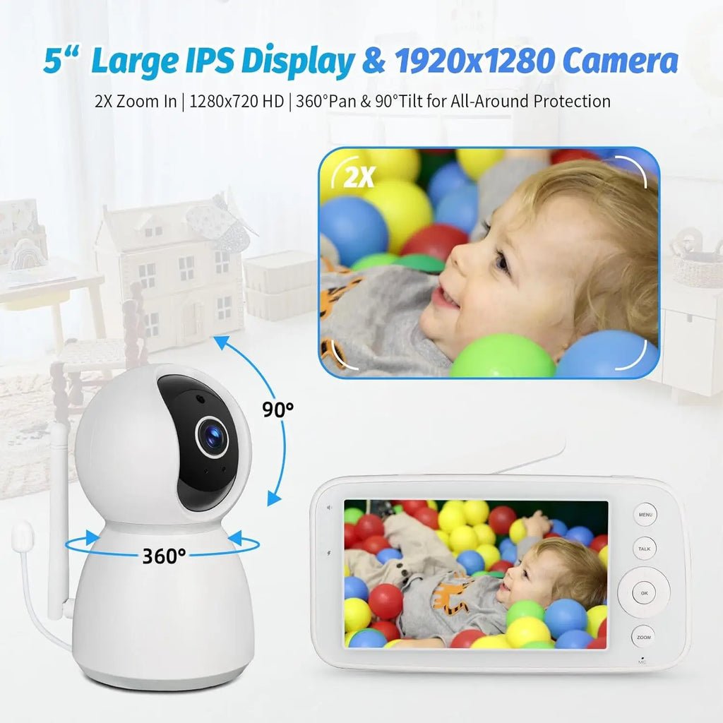 BM505 Baby Monitor Camera Audio 5" Screen 28Hrs Battery Video Camera Night Vision 2Way Talk 10 Lullabies Baby Nanny Security Cam