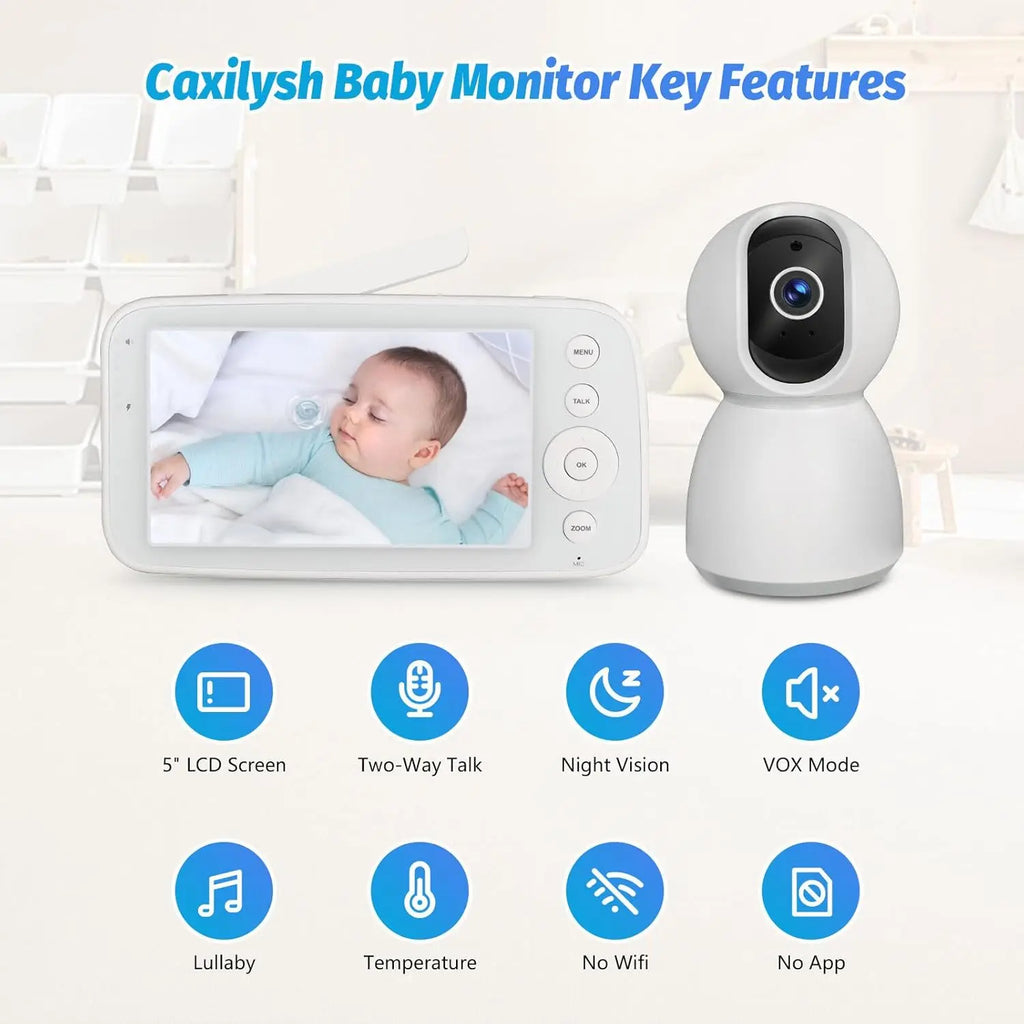 BM505 Baby Monitor Camera Audio 5" Screen 28Hrs Battery Video Camera Night Vision 2Way Talk 10 Lullabies Baby Nanny Security Cam