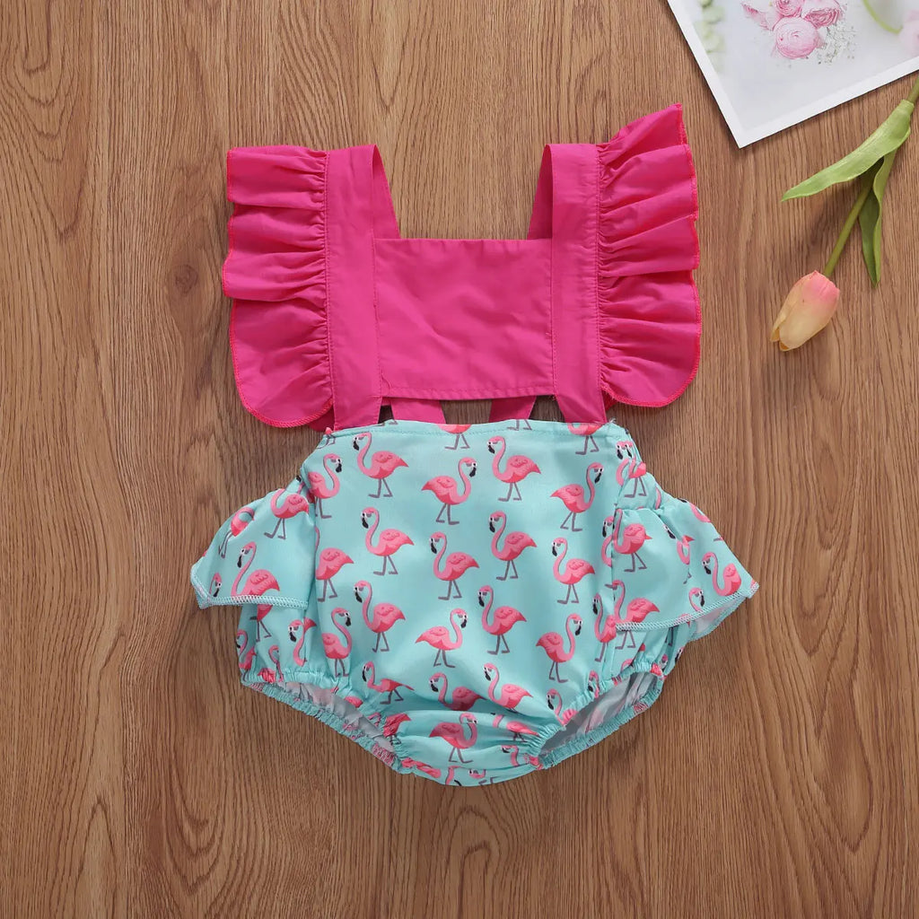lioraitiin 0-24M Baby Girl Summer Clothing Short Flare Sleeve Pullover Romper Lemon Pineapple Flamingo Print Jumpsuit Clothes