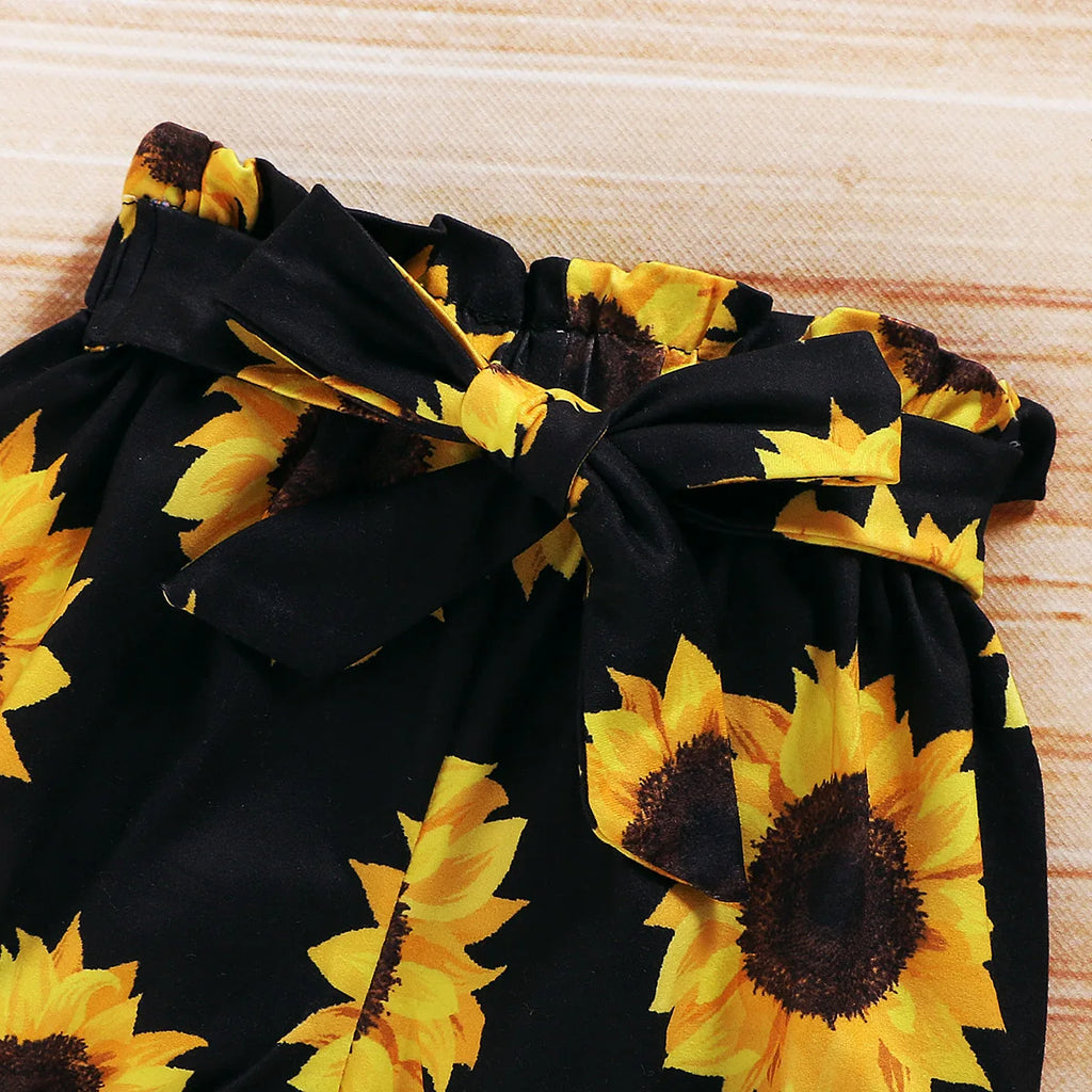 Lioraitiin 0-24M Newborn Infant Baby Girl Clothing Set Short Sleeve Yellow Solid Romper Top Sumflower Printed Shorts 3Pcs Outfit