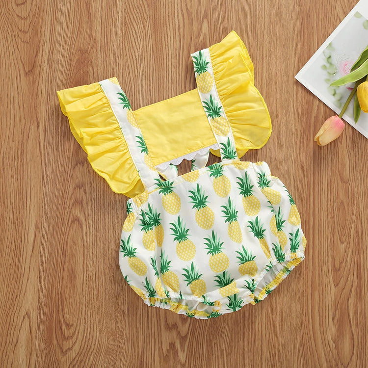 lioraitiin 0-24M Baby Girl Summer Clothing Short Flare Sleeve Pullover Romper Lemon Pineapple Flamingo Print Jumpsuit Clothes