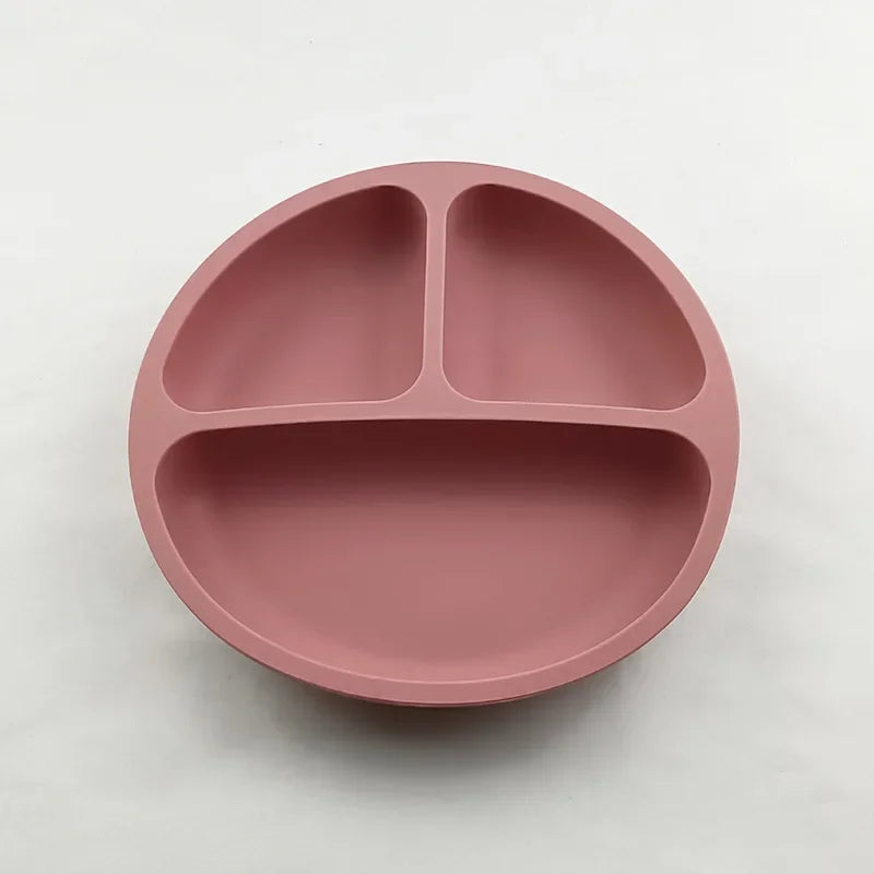 Baby Silicone Feeding Dishes Children Suction Plate Suction Sucker Bowl Wood Fork Spoon Set Toddler Training Tableware BPA Free