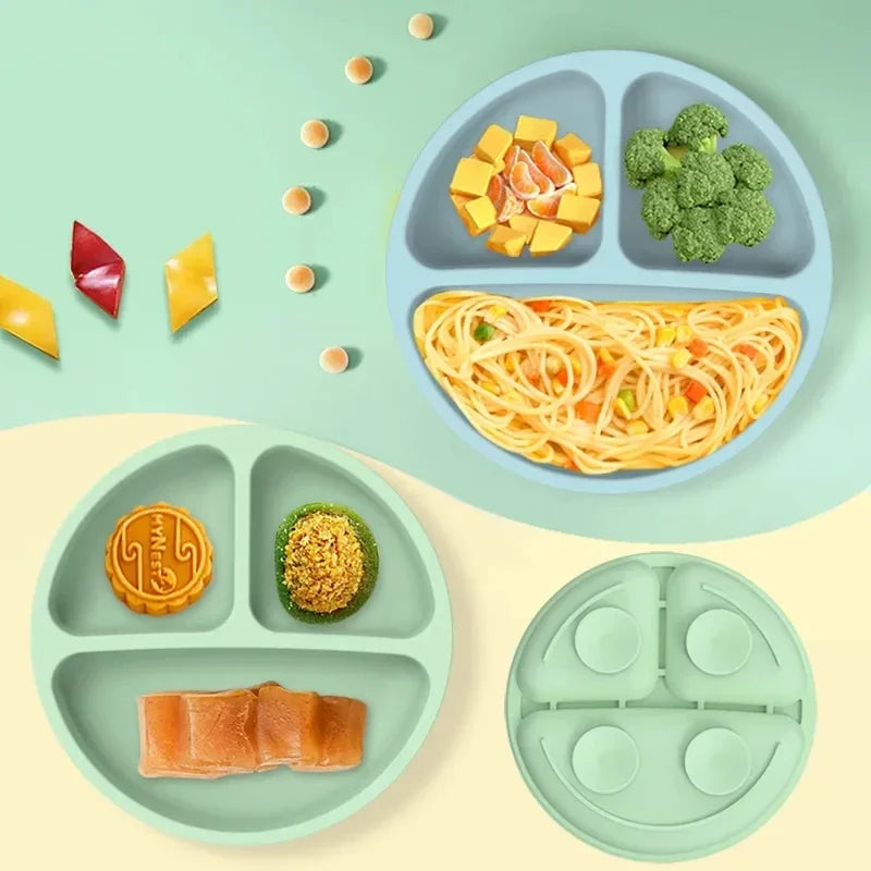 Baby Silicone Feeding Dishes Children Suction Plate Suction Sucker Bowl Wood Fork Spoon Set Toddler Training Tableware BPA Free