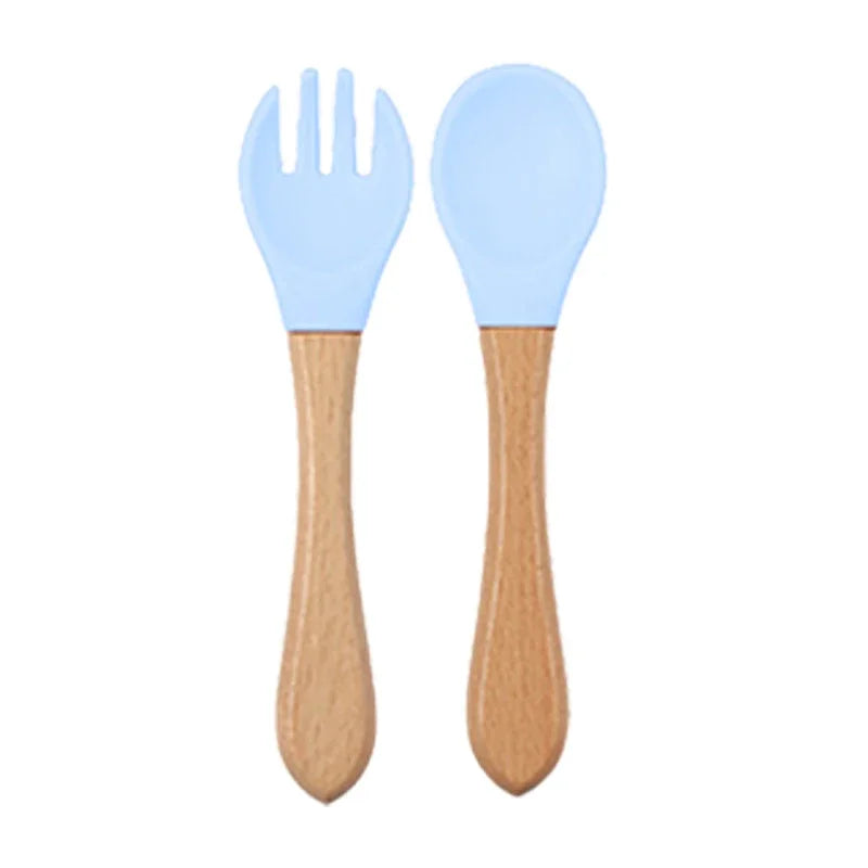 Baby Silicone Feeding Dishes Children Suction Plate Suction Sucker Bowl Wood Fork Spoon Set Toddler Training Tableware BPA Free