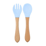 Baby Silicone Feeding Dishes Children Suction Plate Suction Sucker Bowl Wood Fork Spoon Set Toddler Training Tableware BPA Free
