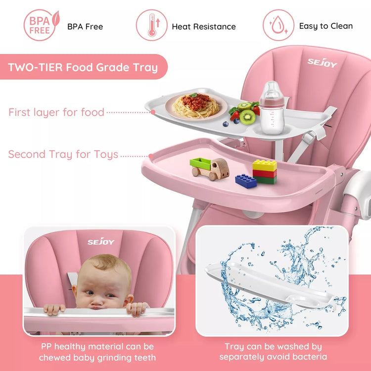 Sejoy Baby High Chair Foldable Highchair Adjustable Backrest Double Removable Tray Detachable PU Leather Cushion High Chair for