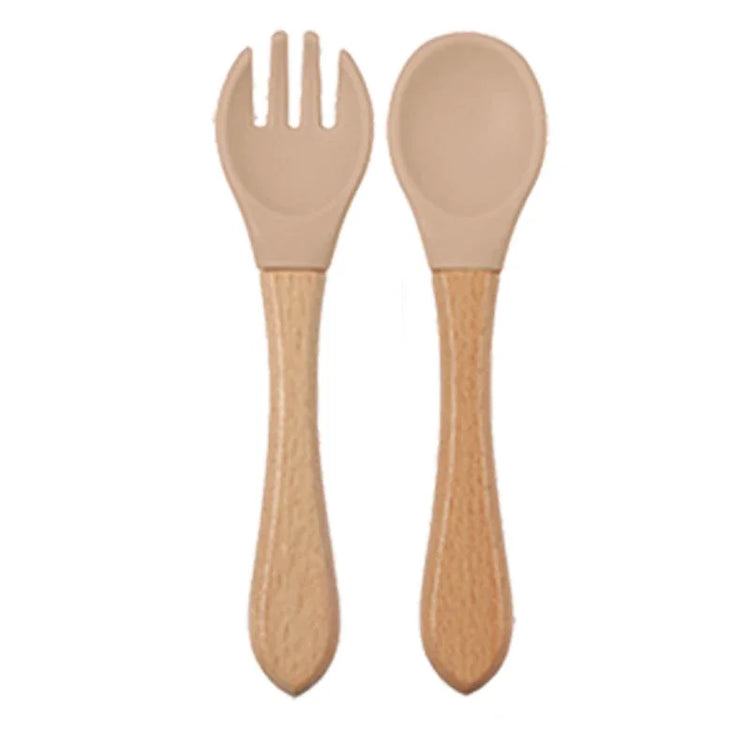 Baby Silicone Feeding Dishes Children Suction Plate Suction Sucker Bowl Wood Fork Spoon Set Toddler Training Tableware BPA Free