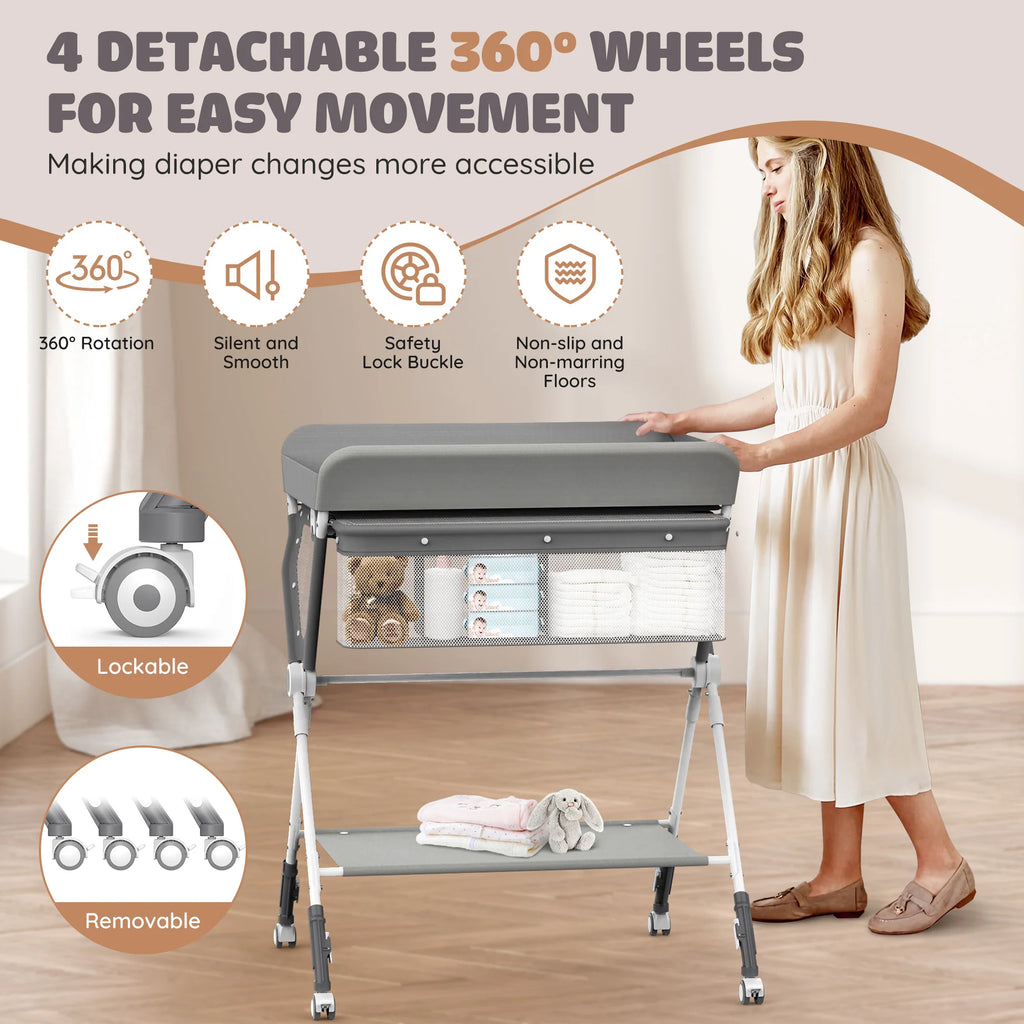 Sejoy Baby Changing Table Folding Diaper Changing Station 360° Lockable Wheels Foldable Height with Storage Bag