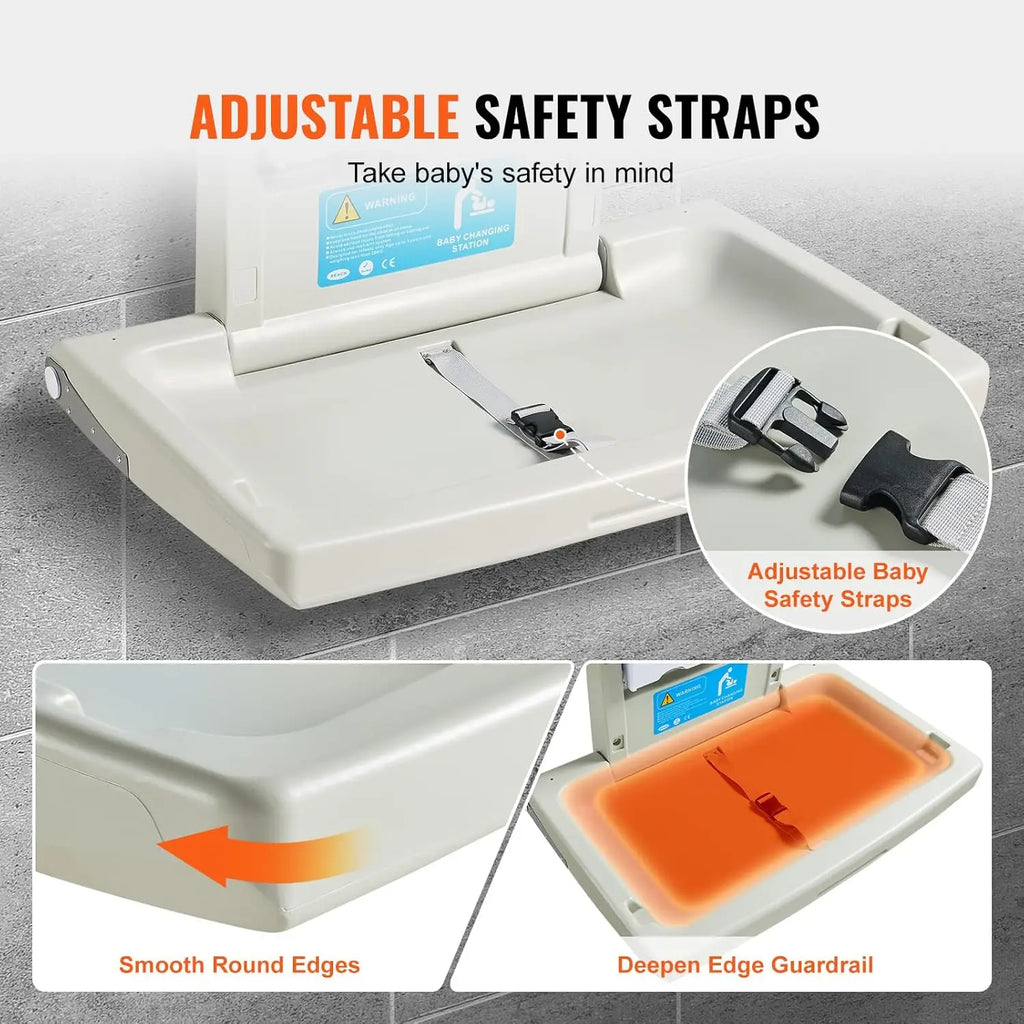 Wall-Mounted Baby Changing Station,Horizontal Foldable Diaper Change Table with Safety Straps and Hanging Rods, Use in Bathrooms
