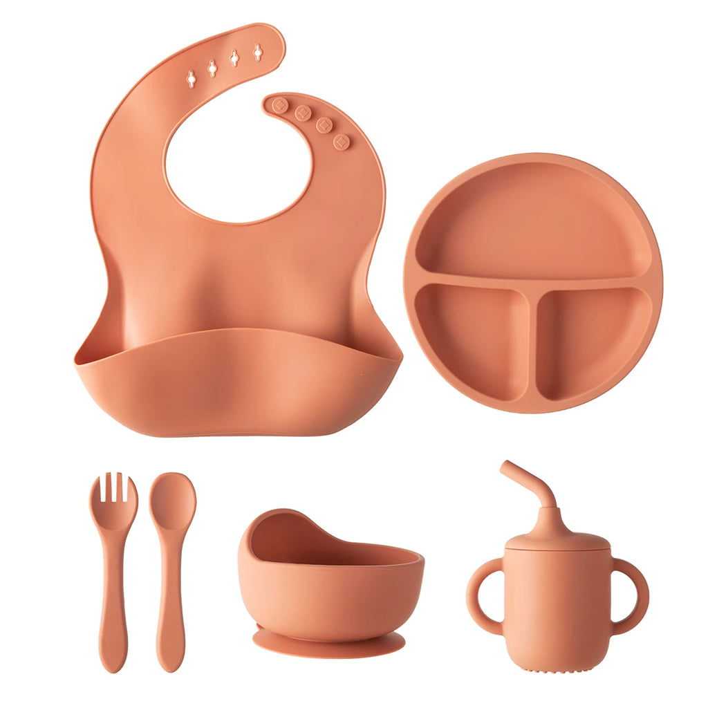 6 PCS Silicone Baby Feeding Set, Baby Led Weaning Supplies, 3 Divided-Suction Plate, Spoon, Fork, Bowl, Water Cup, Bib