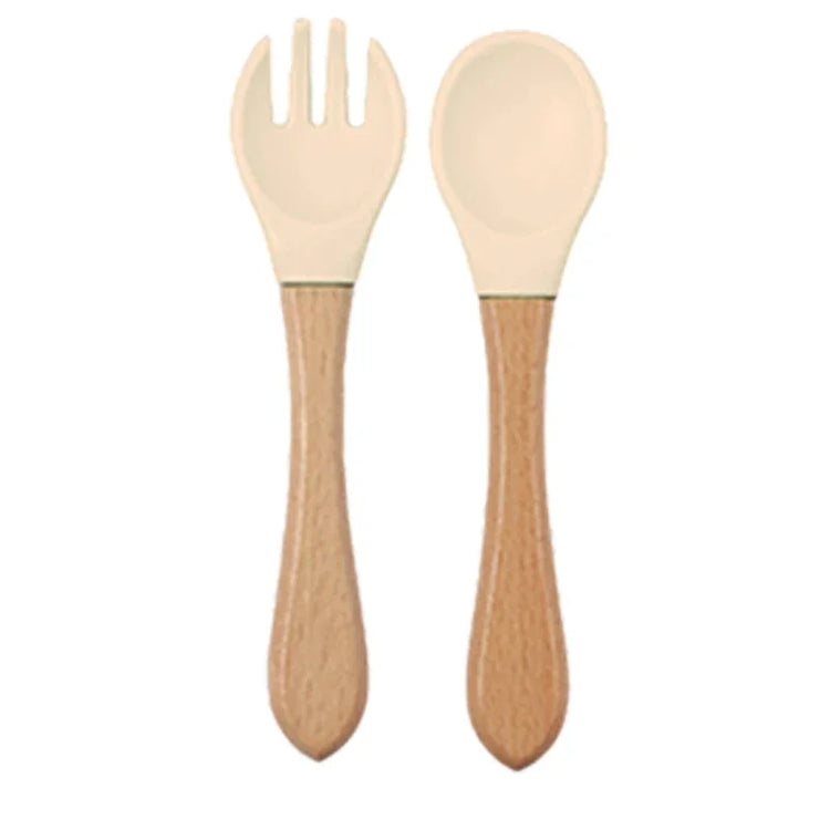 Baby Silicone Feeding Dishes Children Suction Plate Suction Sucker Bowl Wood Fork Spoon Set Toddler Training Tableware BPA Free