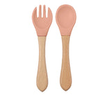 Baby Silicone Feeding Dishes Children Suction Plate Suction Sucker Bowl Wood Fork Spoon Set Toddler Training Tableware BPA Free