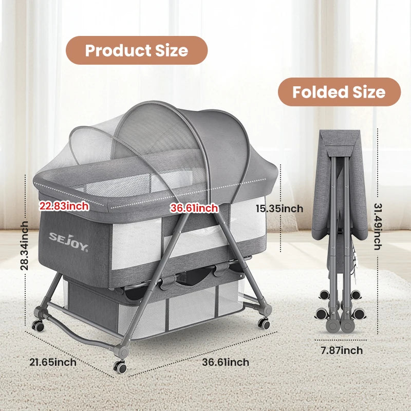 Sejoy Bedside Crib Sleeper for Baby with Large Storage Basket & Mesh Baby Bed Crib for Newborn Portable Baby Side Bassinet