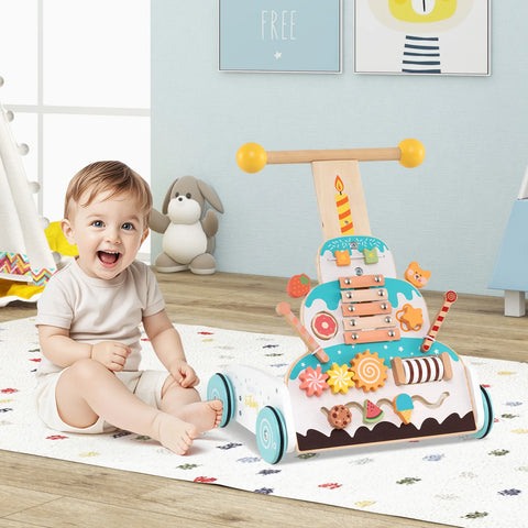 Wooden Baby Walker Ice Cream Cart Toy with Sweet Accessories & Smooth Wheels