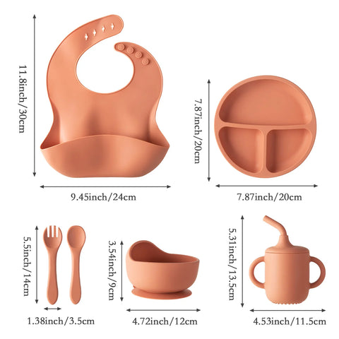 6 PCS Silicone Baby Feeding Set, Baby Led Weaning Supplies, 3 Divided-Suction Plate, Spoon, Fork, Bowl, Water Cup, Bib