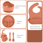 6 PCS Silicone Baby Feeding Set, Baby Led Weaning Supplies, 3 Divided-Suction Plate, Spoon, Fork, Bowl, Water Cup, Bib