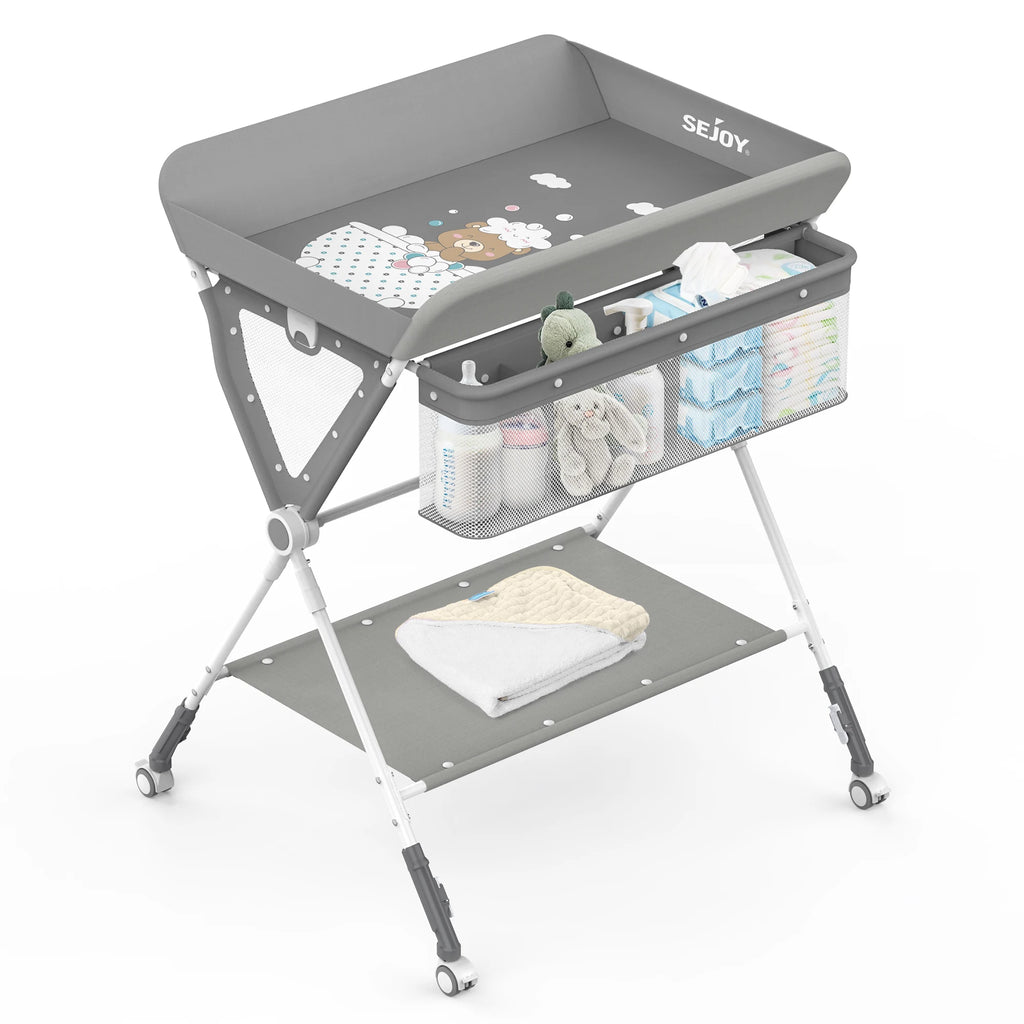 Sejoy Baby Changing Table Folding Diaper Changing Station 360° Lockable Wheels Foldable Height with Storage Bag