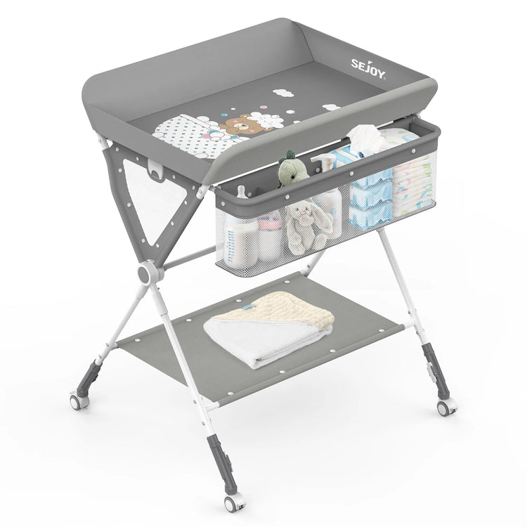Sejoy Baby Changing Table Folding Diaper Changing Station 360° Lockable Wheels Foldable Height with Storage Bag