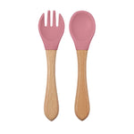 Baby Silicone Feeding Dishes Children Suction Plate Suction Sucker Bowl Wood Fork Spoon Set Toddler Training Tableware BPA Free