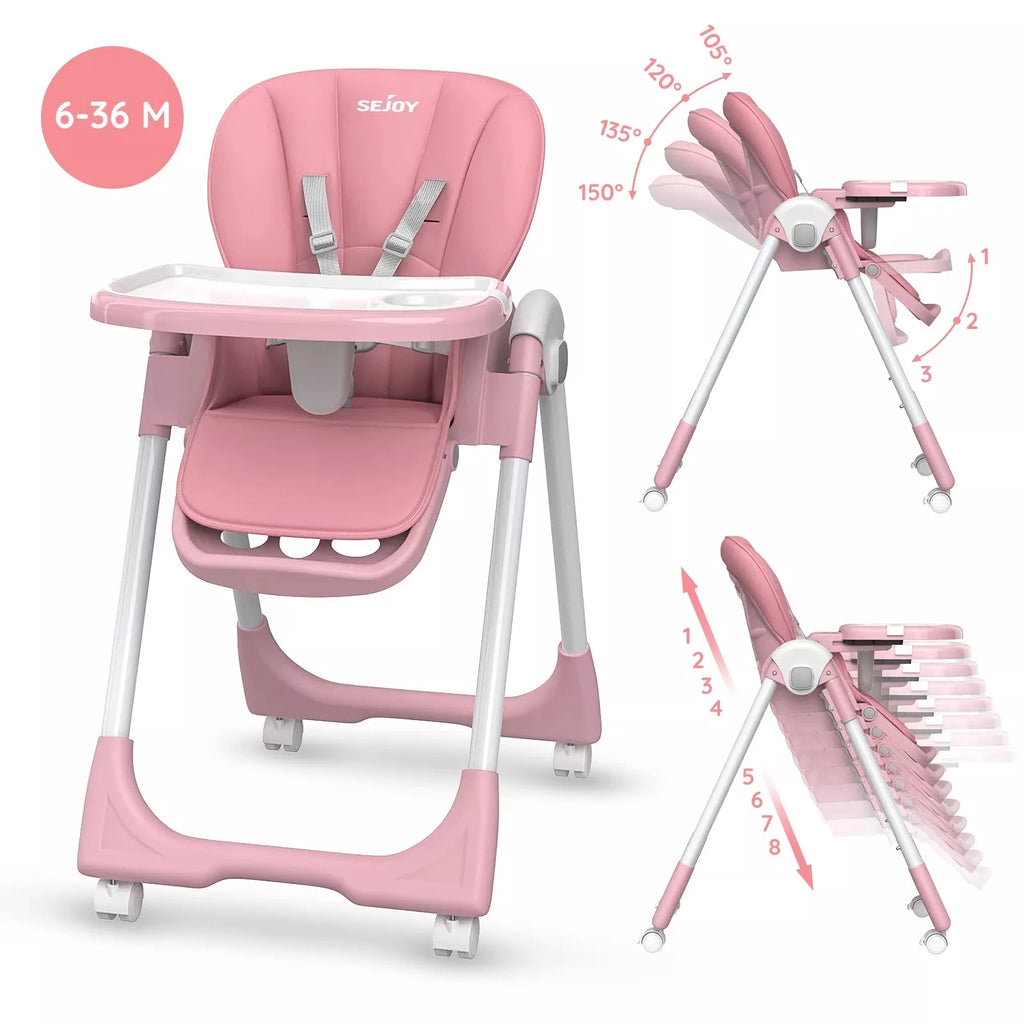 Sejoy Baby High Chair Foldable Highchair Adjustable Backrest Double Removable Tray Detachable PU Leather Cushion High Chair for