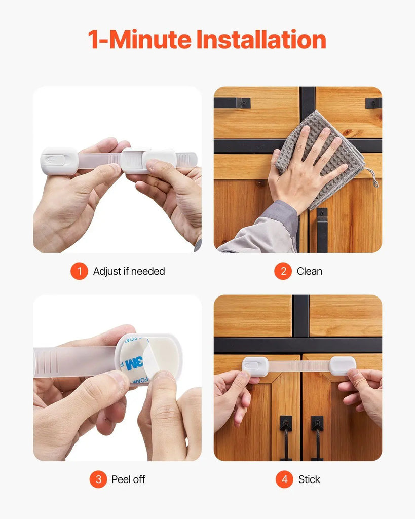 Child Safety Strap Locks 8 Pcs 3M Adhesive Cabinet Drawer Door Cupboard Latches