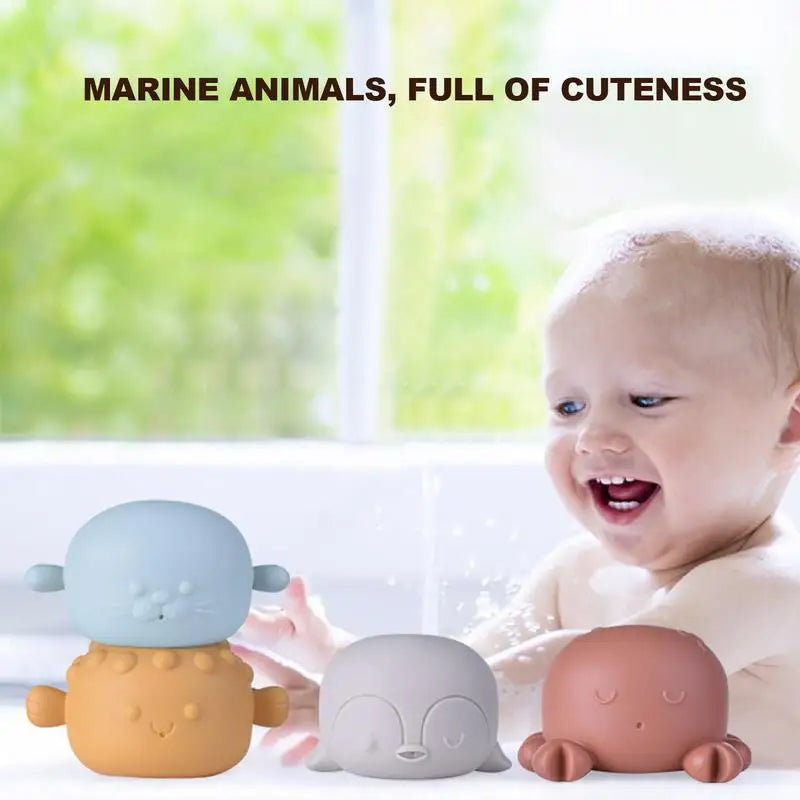 Toddler Animal Bath Toys 4X Floating Squeaky Tub Toys For Babies Stackable Soft Rubber Sea Animal Water Spraying Bathtub Toys
