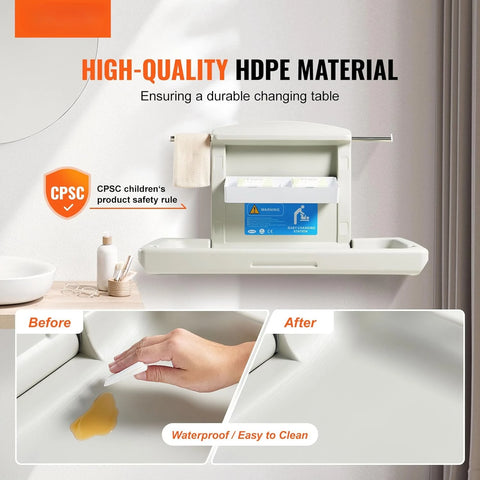 Wall-Mounted Baby Changing Station,Horizontal Foldable Diaper Change Table with Safety Straps and Hanging Rods, Use in Bathrooms