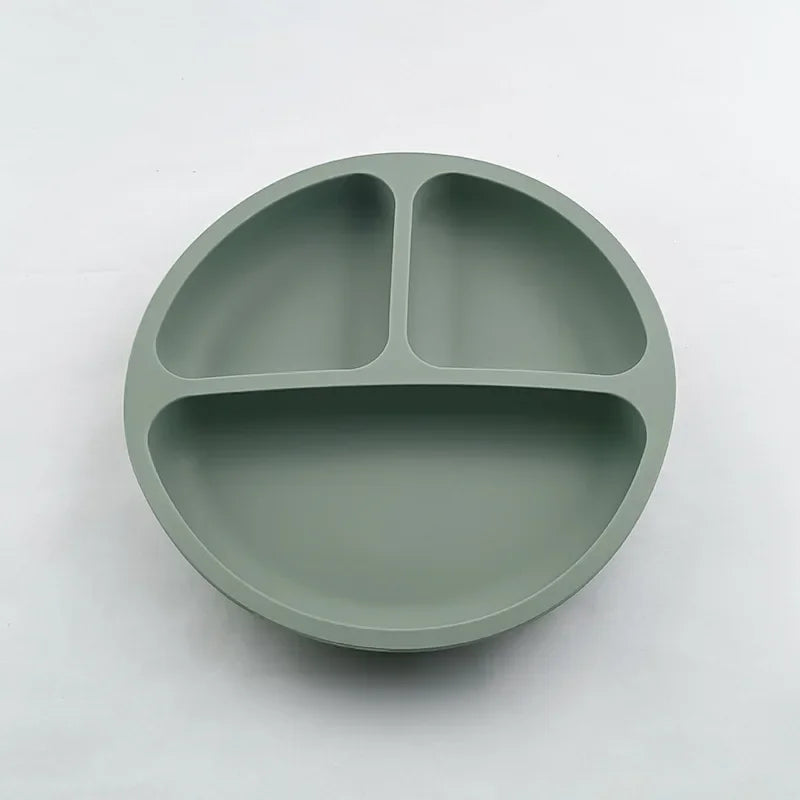 Baby Silicone Feeding Dishes Children Suction Plate Suction Sucker Bowl Wood Fork Spoon Set Toddler Training Tableware BPA Free