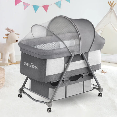 Baby Grab-and-go Travel Cot Crib , Rocking Crib Convertible ulti-function folding With Mosquito Net & Mattress & Silent Wheels