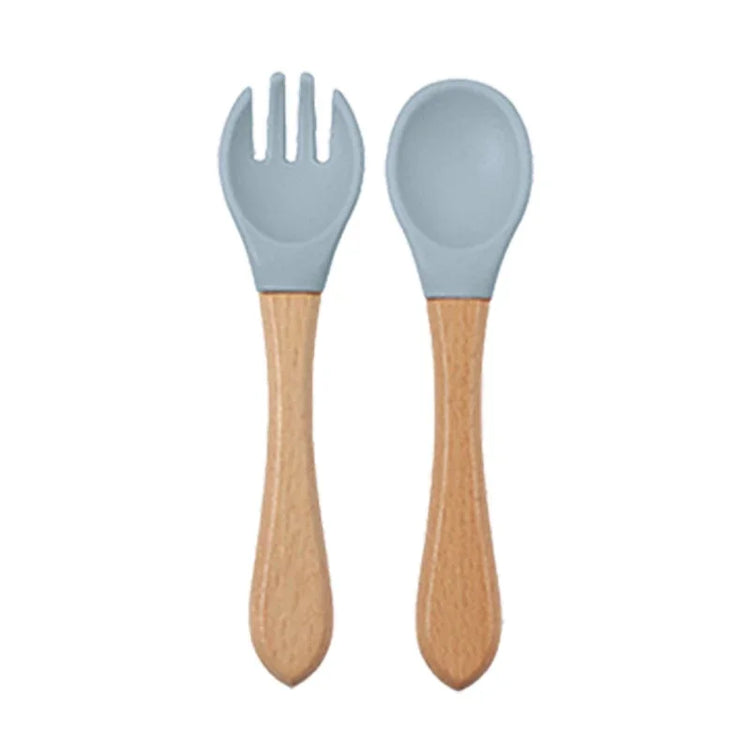 Baby Silicone Feeding Dishes Children Suction Plate Suction Sucker Bowl Wood Fork Spoon Set Toddler Training Tableware BPA Free