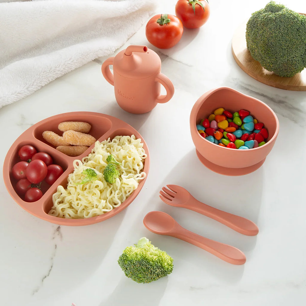 6 PCS Silicone Baby Feeding Set, Baby Led Weaning Supplies, 3 Divided-Suction Plate, Spoon, Fork, Bowl, Water Cup, Bib