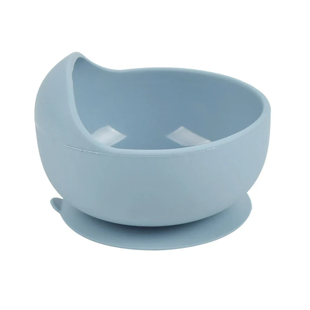 Baby Silicone Feeding Dishes Children Suction Plate Suction Sucker Bowl Wood Fork Spoon Set Toddler Training Tableware BPA Free