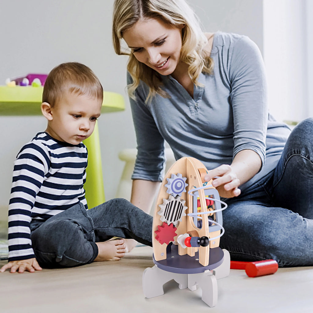 Wooden Toys Activity Cube, Montessori Toys for 1 Year Old, Baby Space Toy Rocket Cube, Bead Maze, STEM Developmental Birthday Gi