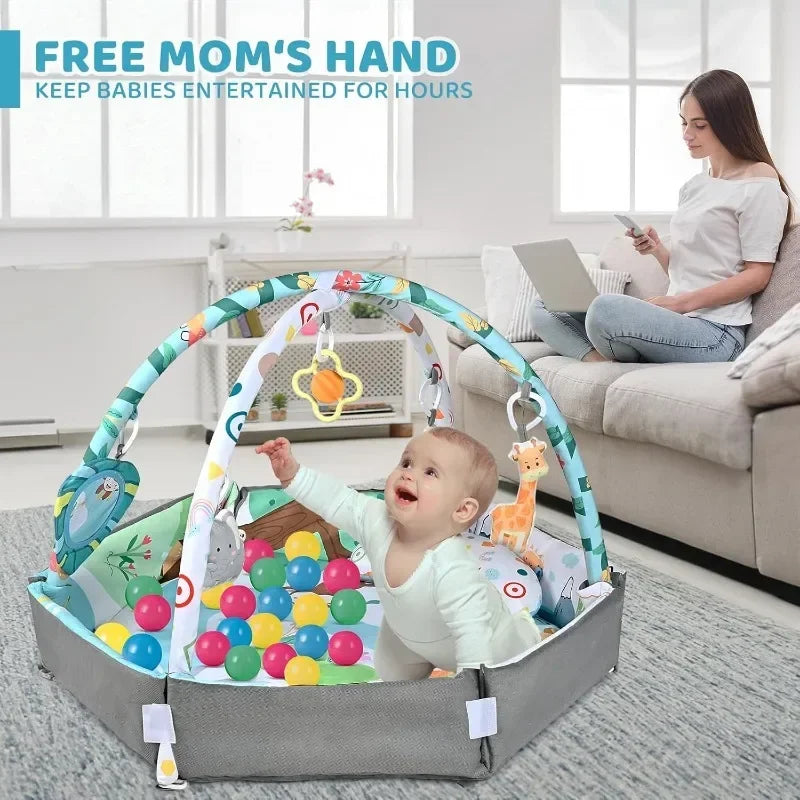 Great Discounts.Baby Gym Play Mat, 8-in-1 Tummy Time Mat & Ball Pit with 6 Toys, Washable Baby Activity Play Mat for Visual, Hea