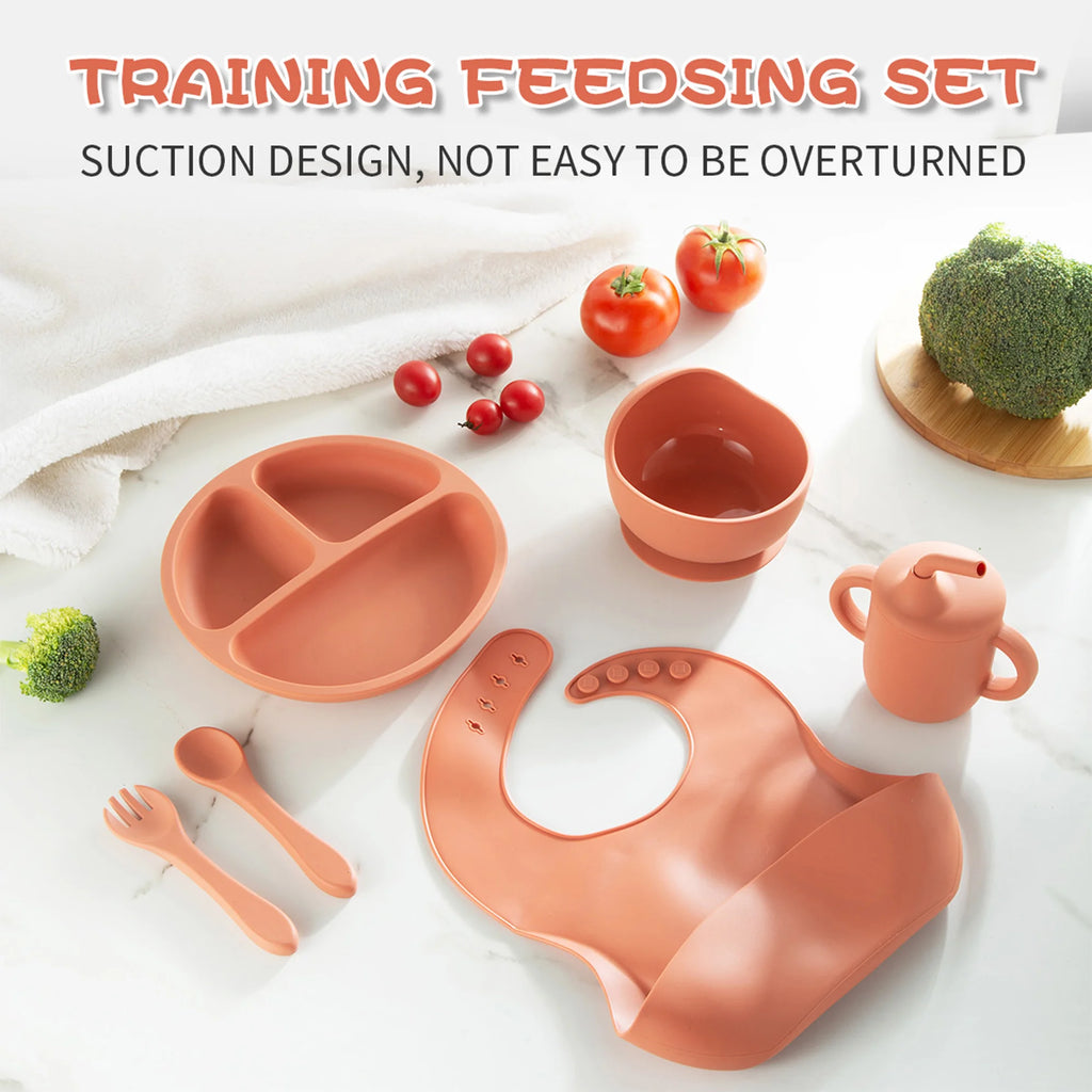 6 PCS Silicone Baby Feeding Set, Baby Led Weaning Supplies, 3 Divided-Suction Plate, Spoon, Fork, Bowl, Water Cup, Bib