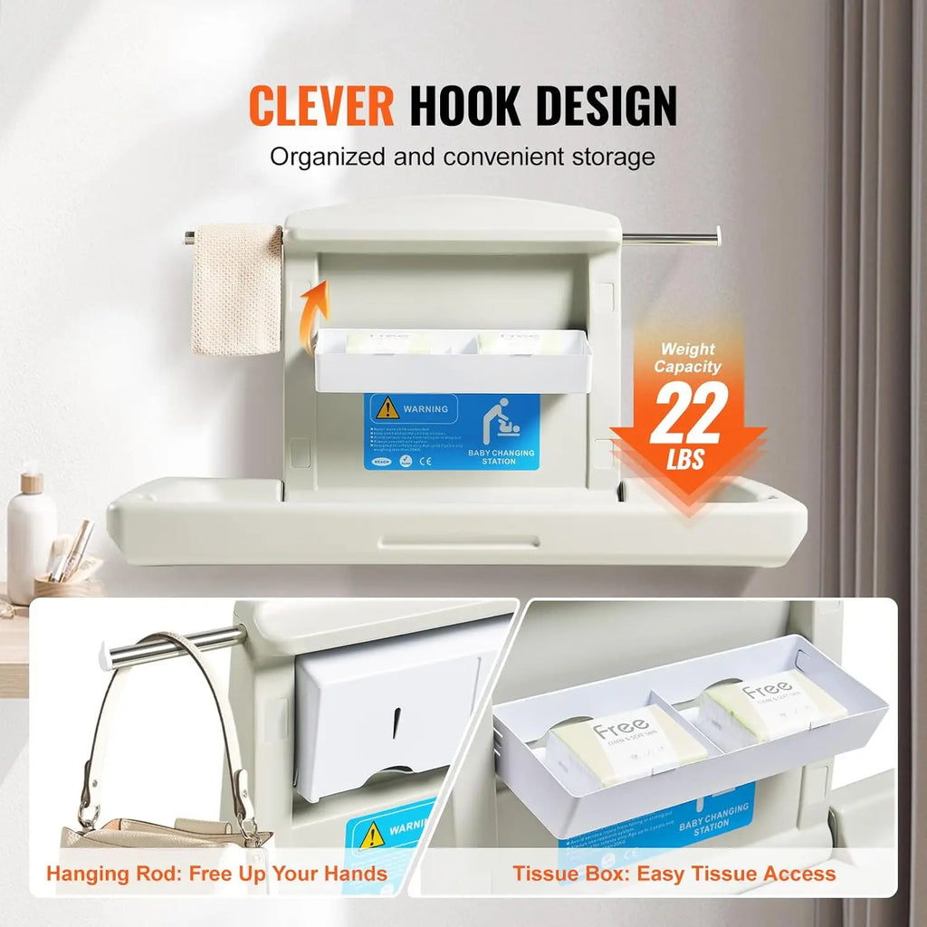 Wall-Mounted Baby Changing Station,Horizontal Foldable Diaper Change Table with Safety Straps and Hanging Rods, Use in Bathrooms