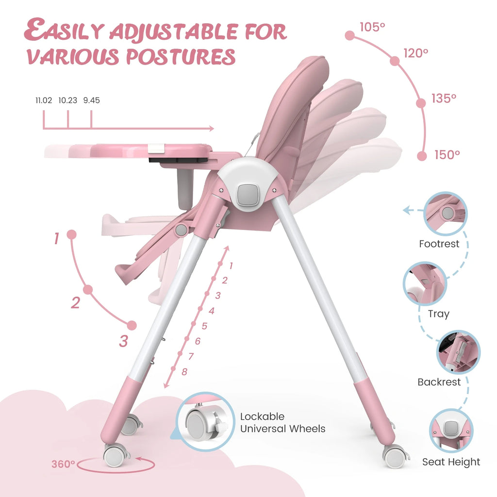 Sejoy Baby High Chair Foldable Highchair Adjustable Backrest Double Removable Tray Detachable PU Leather Cushion High Chair for
