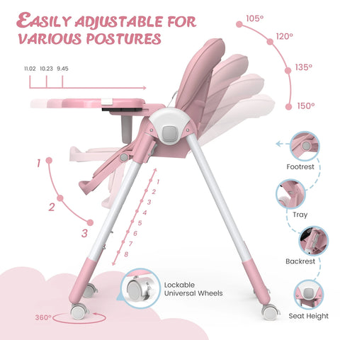 Sejoy Baby High Chair Foldable Highchair Adjustable Backrest Double Removable Tray Detachable PU Leather Cushion High Chair for