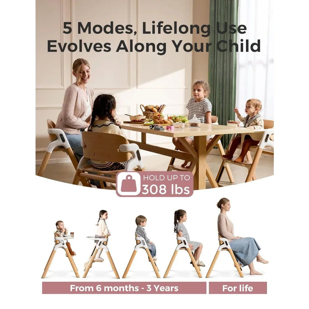 DinerPal Wooden High Chair for Babies, Toddlers & Adults Up to 308 Lbs, Convertible Baby Highchair with Food-Grade Tray