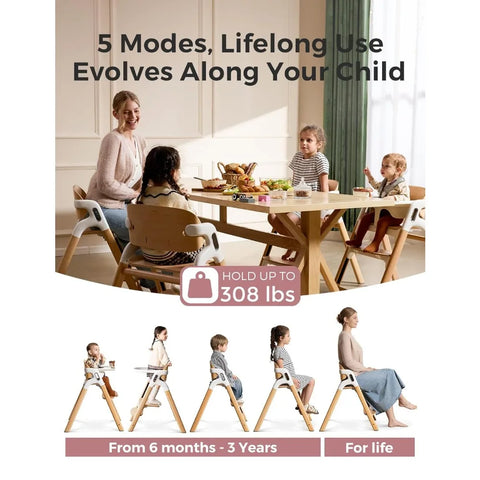 DinerPal Wooden High Chair for Babies, Toddlers & Adults Up to 308 Lbs, Convertible Baby Highchair with Food-Grade Tray