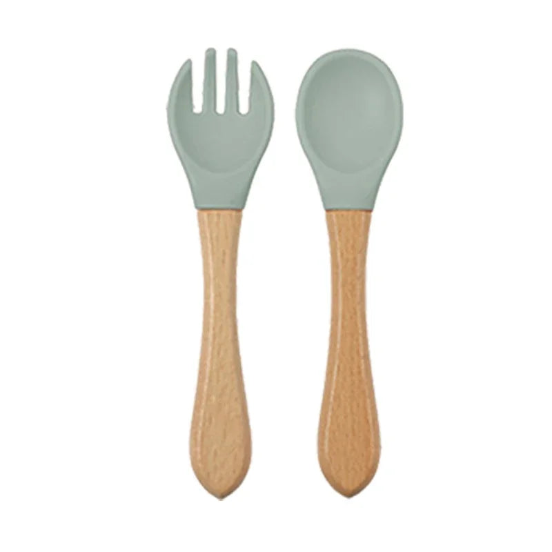 Baby Silicone Feeding Dishes Children Suction Plate Suction Sucker Bowl Wood Fork Spoon Set Toddler Training Tableware BPA Free