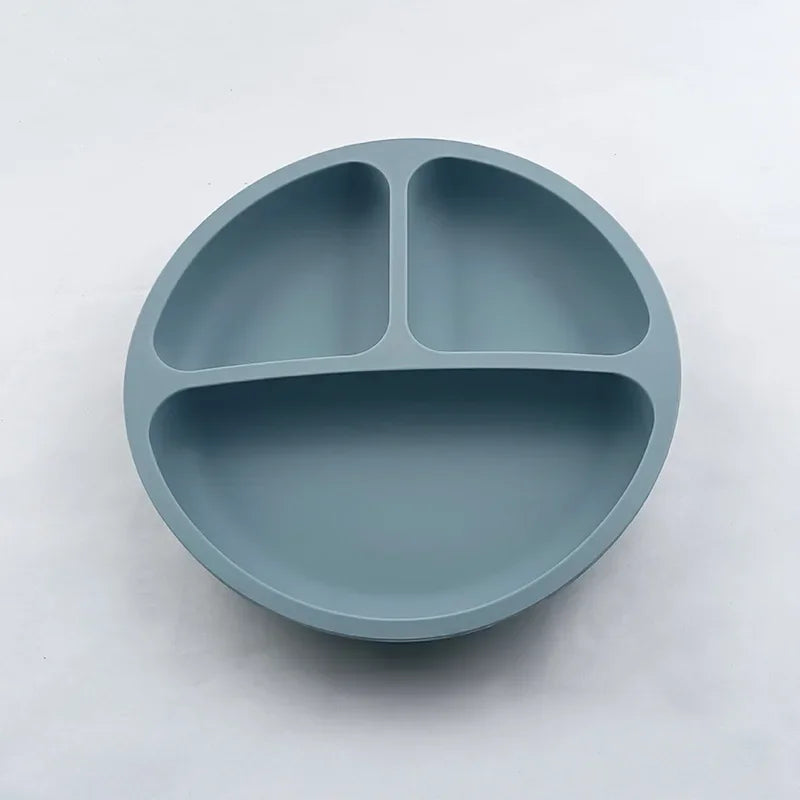 Baby Silicone Feeding Dishes Children Suction Plate Suction Sucker Bowl Wood Fork Spoon Set Toddler Training Tableware BPA Free