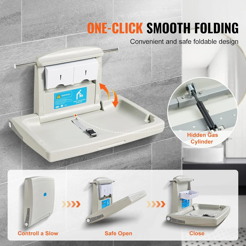 Wall-Mounted Baby Changing Station,Horizontal Foldable Diaper Change Table with Safety Straps and Hanging Rods, Use in Bathrooms