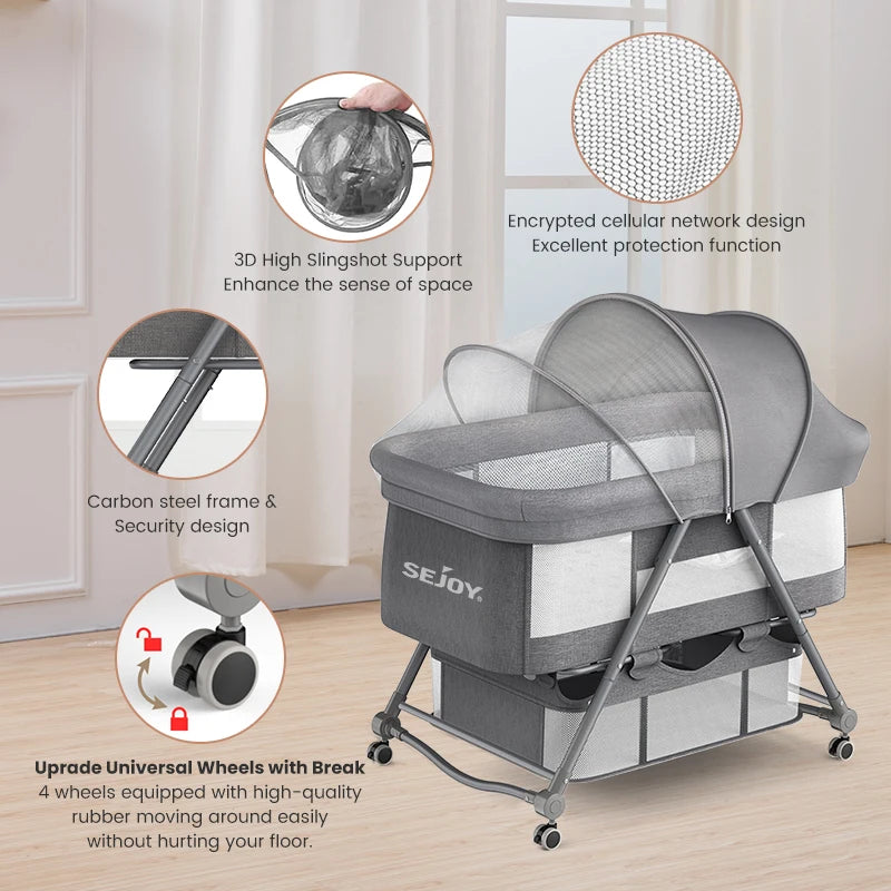 Sejoy Bedside Crib Sleeper for Baby with Large Storage Basket & Mesh Baby Bed Crib for Newborn Portable Baby Side Bassinet