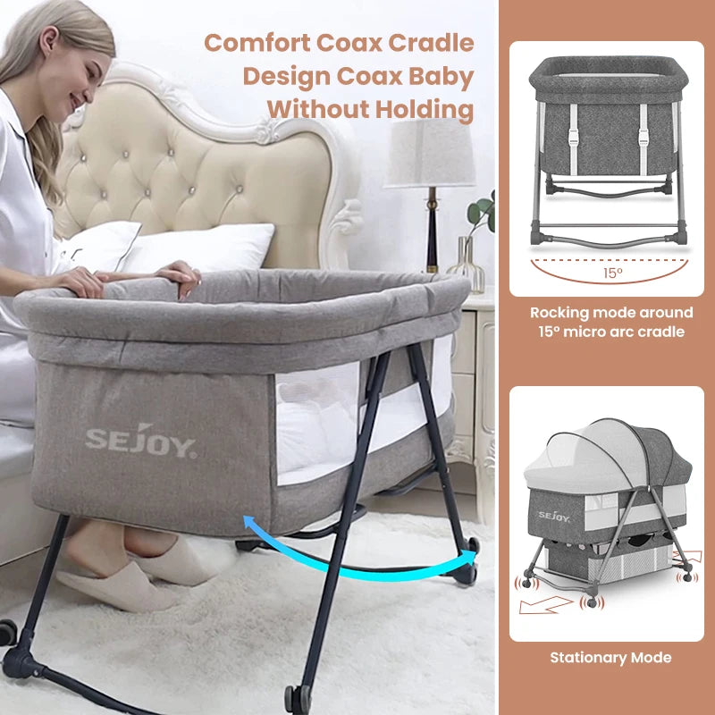 Sejoy Bedside Crib Sleeper for Baby with Large Storage Basket & Mesh Baby Bed Crib for Newborn Portable Baby Side Bassinet