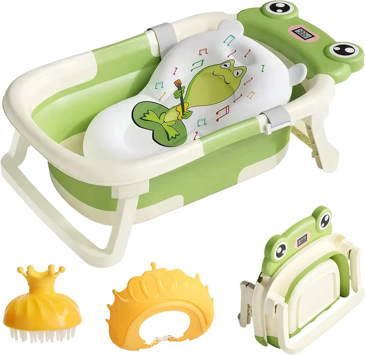 Baby Bath Tub with Bath Cushion Foldable Bathtub with Thermometer Shower Cap Shower Brush for Newborn and Toddler 0-36 Months