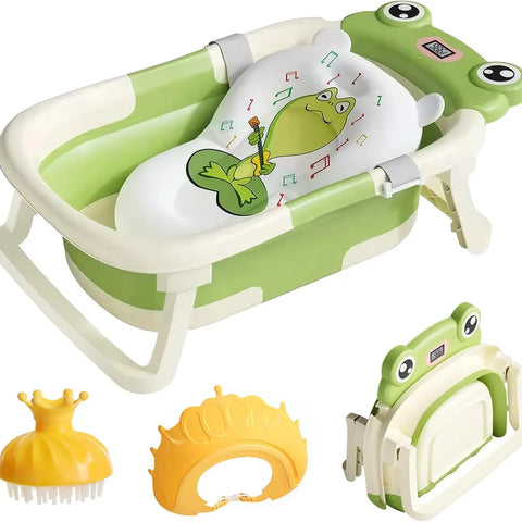 Baby Bath Tub with Bath Cushion Foldable Bathtub with Thermometer Shower Cap Shower Brush for Newborn and Toddler 0-36 Months
