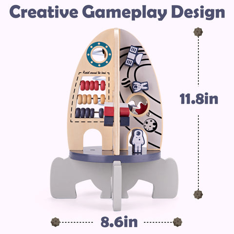 Wooden Toys Activity Cube, Montessori Toys for 1 Year Old, Baby Space Toy Rocket Cube, Bead Maze, STEM Developmental Birthday Gi